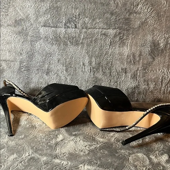 Black Patent Peep-Toe Platform 6 inch Heels with Rhinestone Ankle Strap - Picture 6 of 16